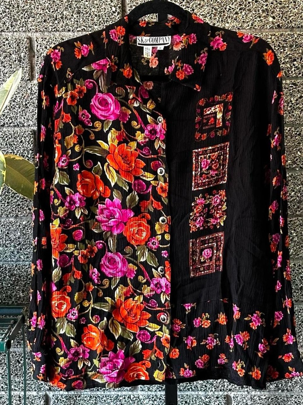 Vintage 1980s SK & Company Long Sleeve Black Floral Button-Up Shirt